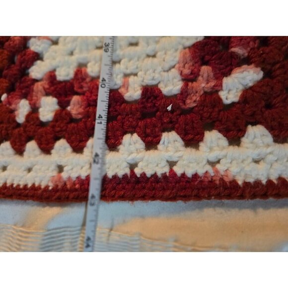 Vintage 70s Handmade Crochet Granny Square Knit Throw Blanket Red Pink - Picture 6 of 9